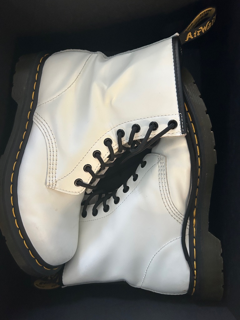 Dr. Martens White Leather Combat Boots With Black Laces And Yellow Stitching